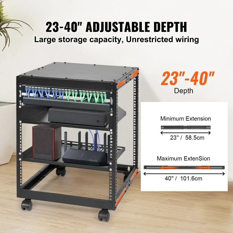 Open Frame Server Rack 12U/15U/20U Floor Standing or Wall Mounted with Adjustable Depth for Microdata Center Office Use