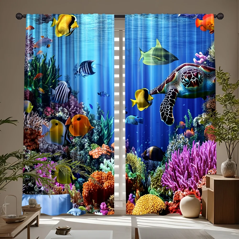 2pcs Ocean Coral Curtains Sea Turtle Fish Print Blackout Drape Living Room Bedroom Window Treatment Home Decor