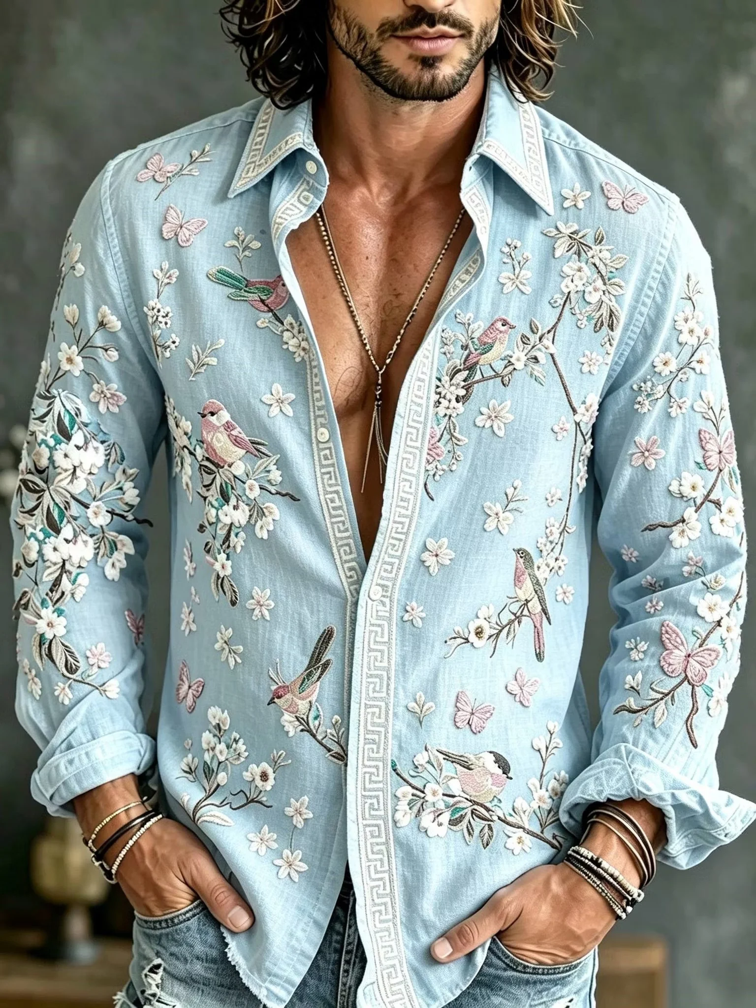New men's blue floral shirt, Japanese retro artistic style, daily 3D printed pattern, casual vacation shirt clothing