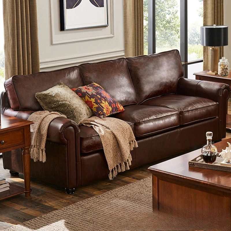 

American sofa combination high-end retro living room furniture light luxury oil wax leather cigar bar clubhouse lobby leather so