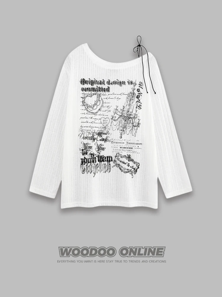 

Женская футболка Woodoow в американском ретро-стиле с длинным рукавом, повседневная, свободного кроя, с креативным принтом, для молодежи