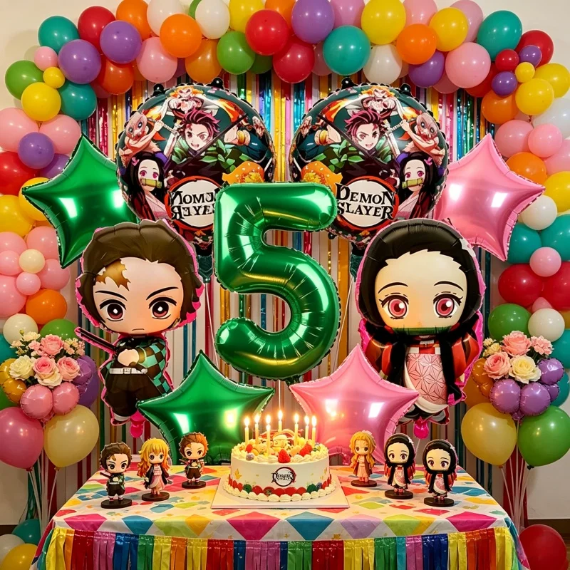 Coole Demon Slayer Themen-Folienballons Set mit Tanjiro und Nezuko Kamado, Kindergeburtstagsgeschenke, Zahlenballons und Partyzubehör