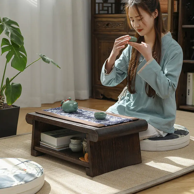 Solid wood tatami tea table bay window small kang household coffee folding tea table bedroom Japanese zen low