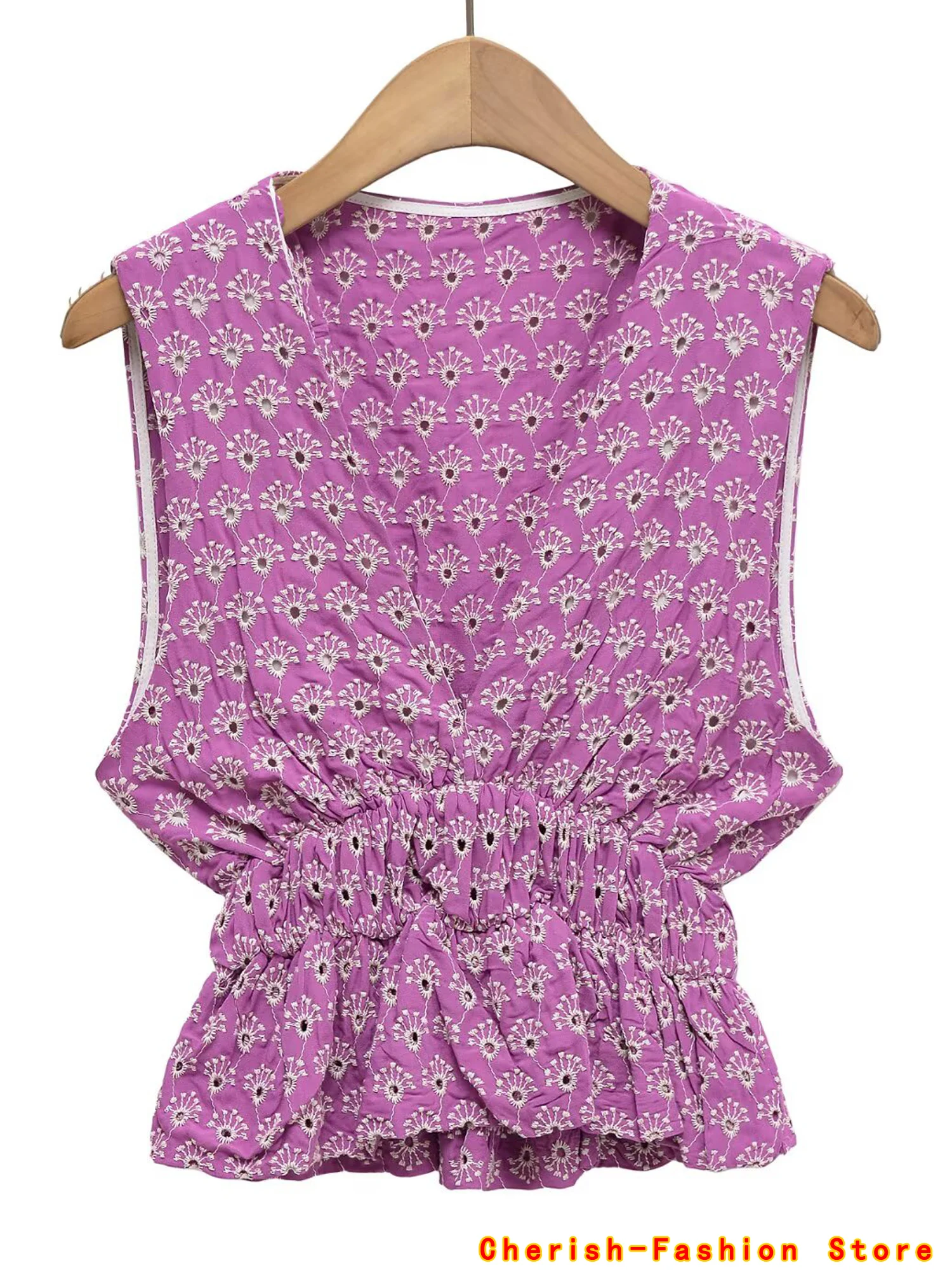 

Women's Embroidered Hollow out Knot Top Original Design Slim Fit Polyester Fiber ort Length Chinese Brand Original Design Slim
