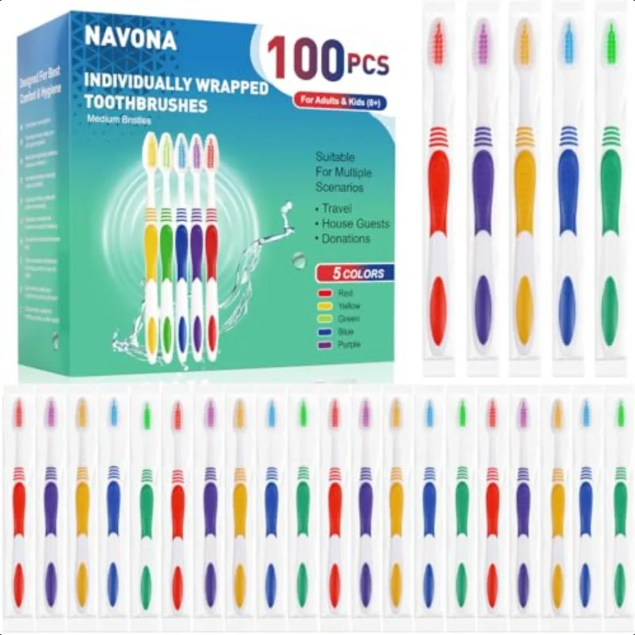 100 قطعة من فرشاة الأسنان السائبة المميزة ملفوفة بشكل فردي، فرشاة الأسنان، فرشاة أسنان متوسطة الحجم ذات شعيرات ناعمة، مريحة #1