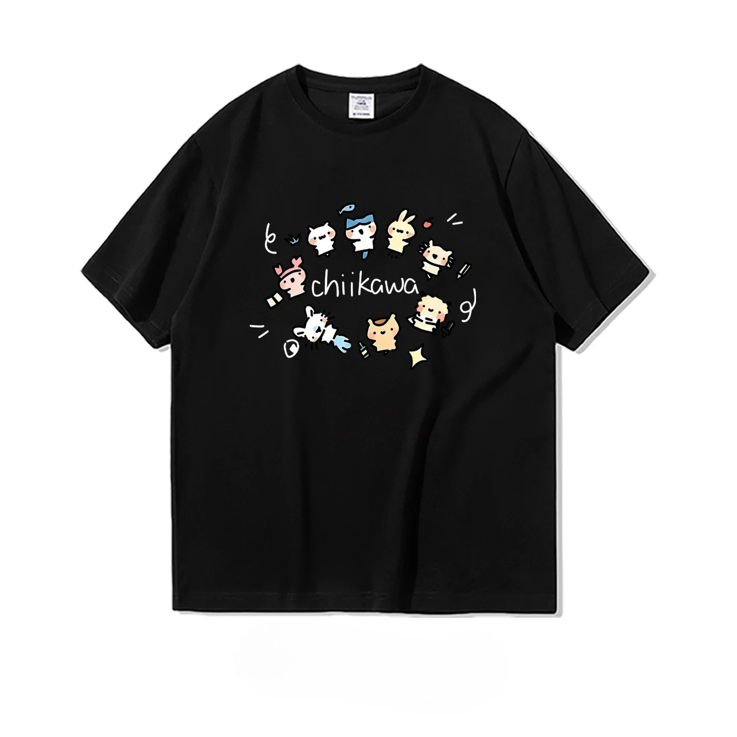 Minimal Doodle Style Chiikawa All Roles T-shirt Lovely Hand Sketch Cartoon Graphic White Soft Cotton Oversized Tee Healing