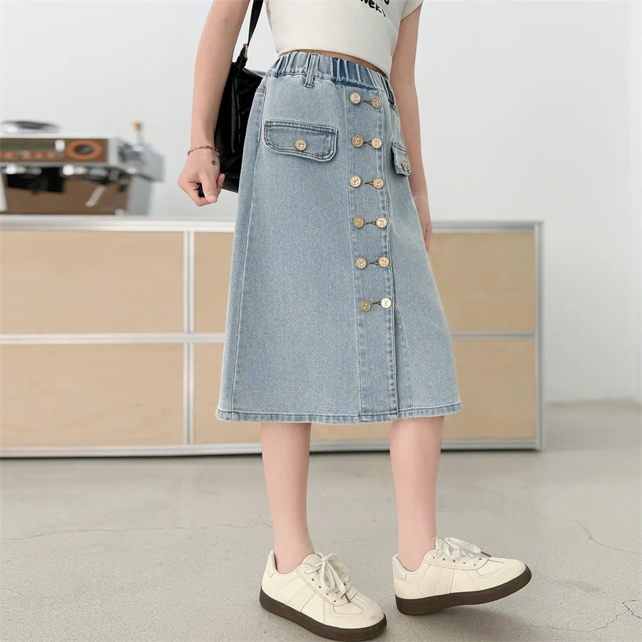 Elegant Children Summer Long Denim Skirt with Buttons for Girls Stylish Streetwear Bottoms Tweens Kids Casual Jeans Skirt 5-14T - view 3