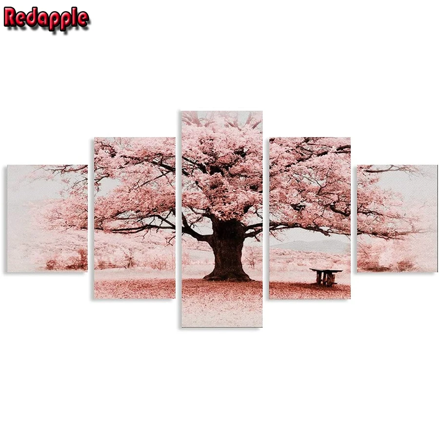 Sakura Tree Botanical Landscape Diamond Painting, Full Square Round Flower, Cherry Blossom Cross Stitch, Diamond Mosaic, 5 Pcs S