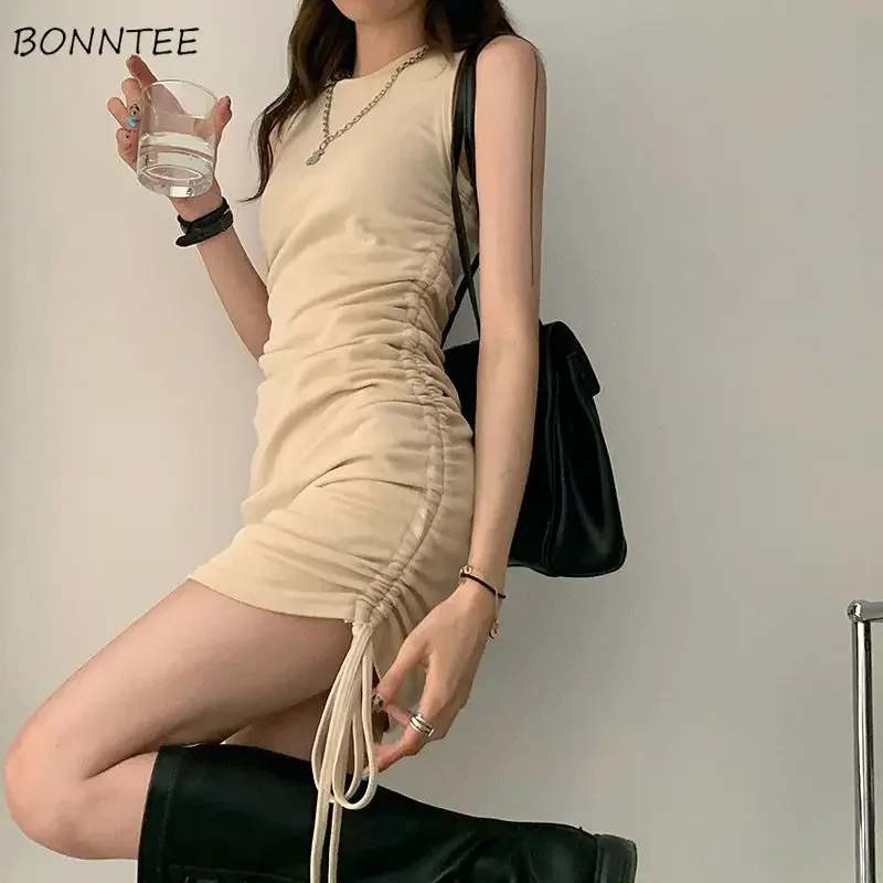 

Sleeveless Dress Women Sexy Cozy Mini Shirring O-neck Female A-line Vestido Slim Korean Style Sweet Girlish Streetwear Leisure