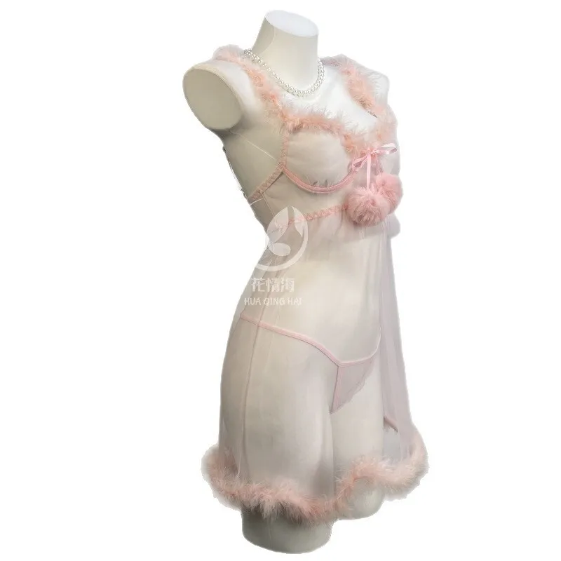 

Floral Lingerie Pink Nightgown Pure Desire Transparent With Furry Trim Nightdress For Woman Dress Charming Thin Dress SQCT