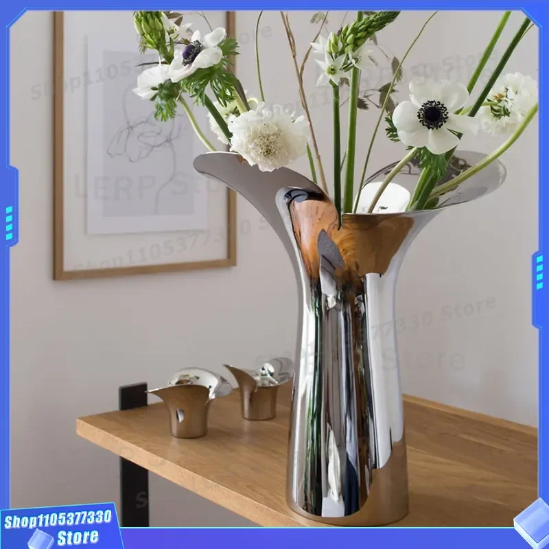 Nordic Style Stainless Steel Flower Vase Simple Luxury Home Decor Living Room Ornament Petal Shape Leak Proof Model House