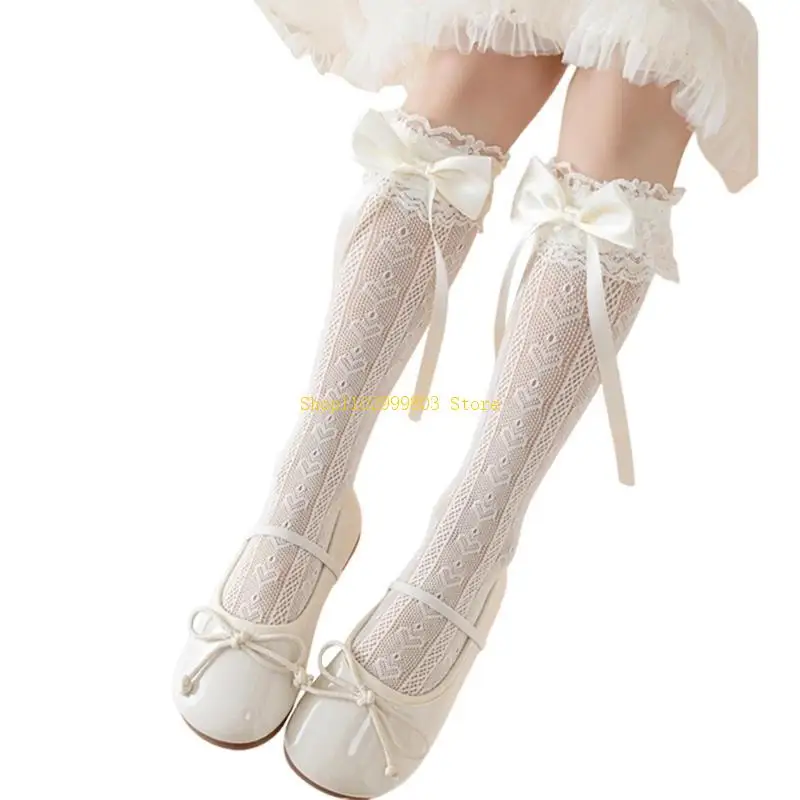 Girls Ruffle Knee Socks Bowknot Ribbon Thigh High Stockings Socks J0MF