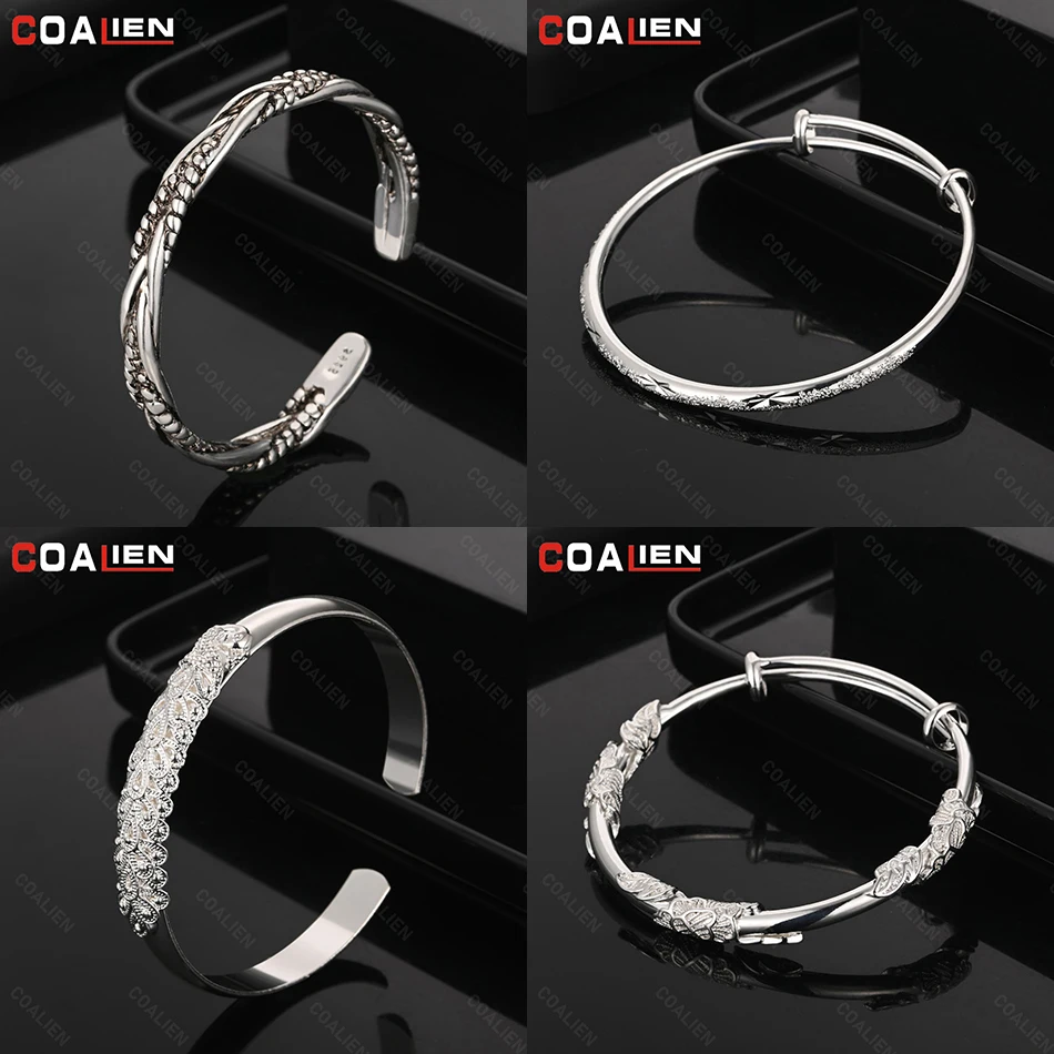 

COALIEN 925 Sterling Silver Pattern Opening Adjustable Bracelet Woman Charm Noble Engagement Anniversary Gift Jewelry
