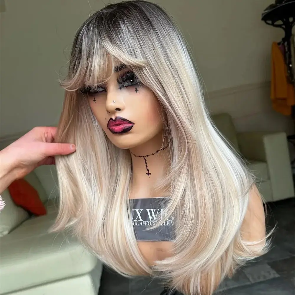 

Золотистый светло-русый парик с эффектом ресничек и прядями у корней, из натуральных и синтетических волос, на кружевной основе, с челкой, многослойный, прямой, для женщин