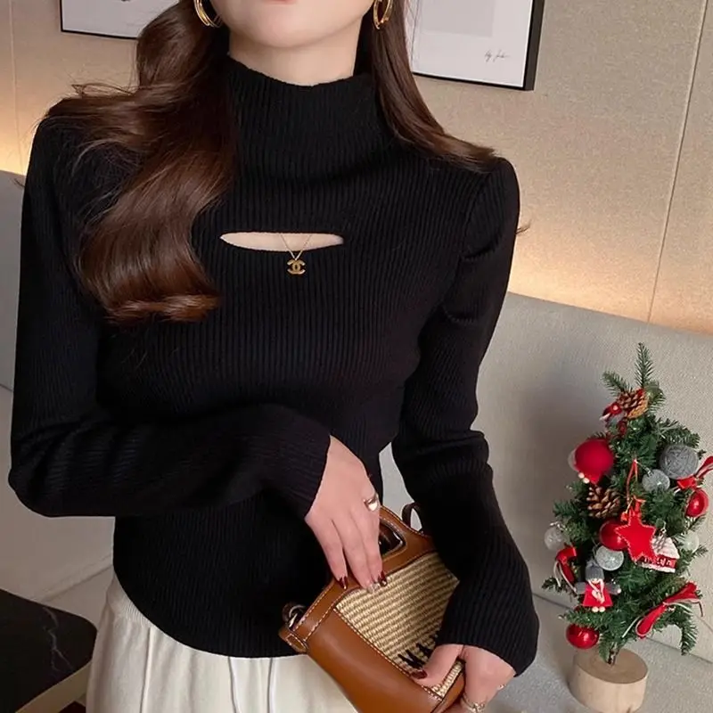 Women Clothing Fashion Half High Collar Solid Knit Pullovers Autumn Winter Elegant Chic Folds Long Sleeve Sweaters All-match Top