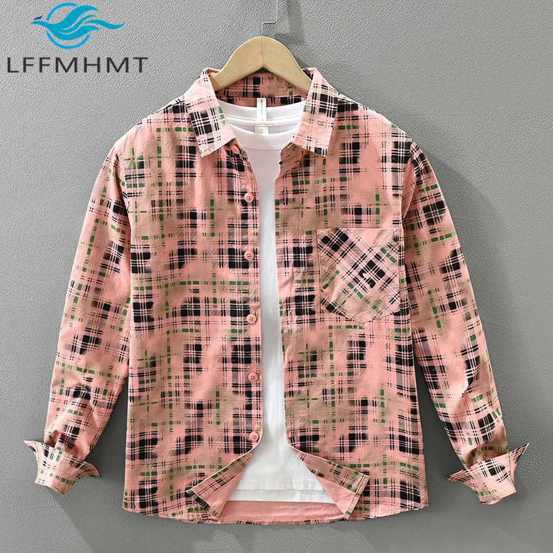 

7675 Japanese Style Loose Fit Plaid Shirt for Men Spring Summer Stylish Casual Long Sleeve Tops Youth Daily Streeetwear Blouses