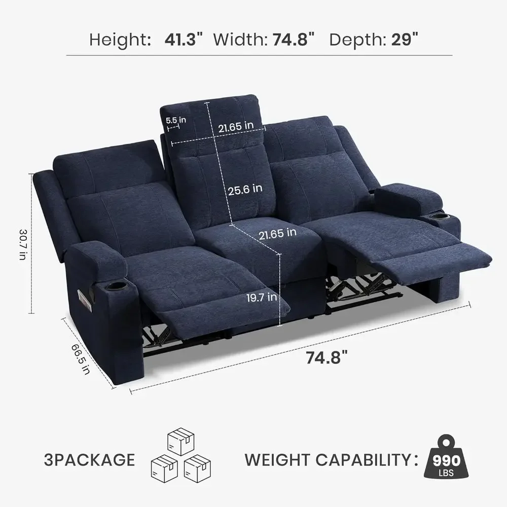 75 Manual Reclining Sofa with Storage, 3-Seat Wall Hugger Recliner Couch, Cup Holders, Side Pockets, Chenille Fabric, Compact fo