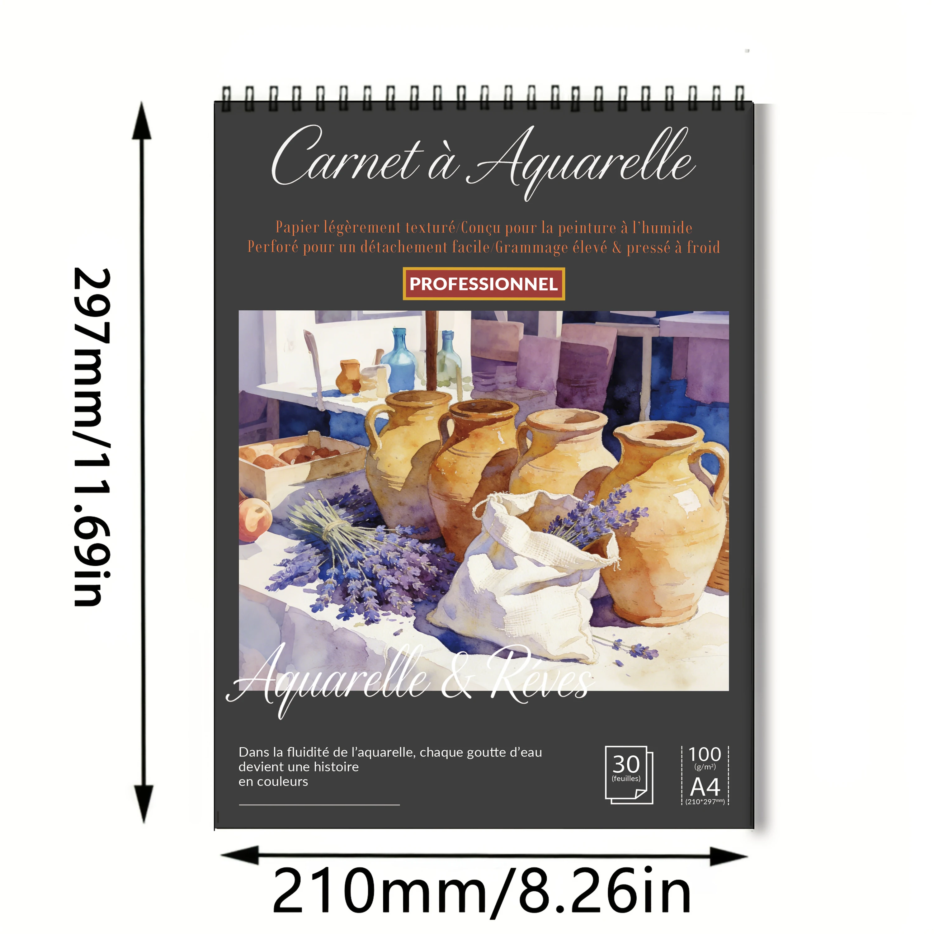Spiral Bound Art Sketch Book A4, Black Hardcover Lavender & Terracotta Jars Print, 100 GSM Acid-Free Pad – For Artists, Students
