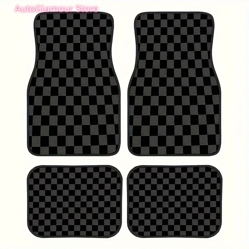 Set of Four Universal Car Floor Mats Featuring a Plaid Design in Black, Gray, And Yellow. They Are Absorbent, Non-Slip, Washable