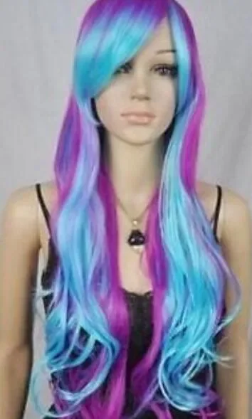 Peruca-perucas cosplay longas e onduladas, azul e roxo, resistente ao calor, para festa