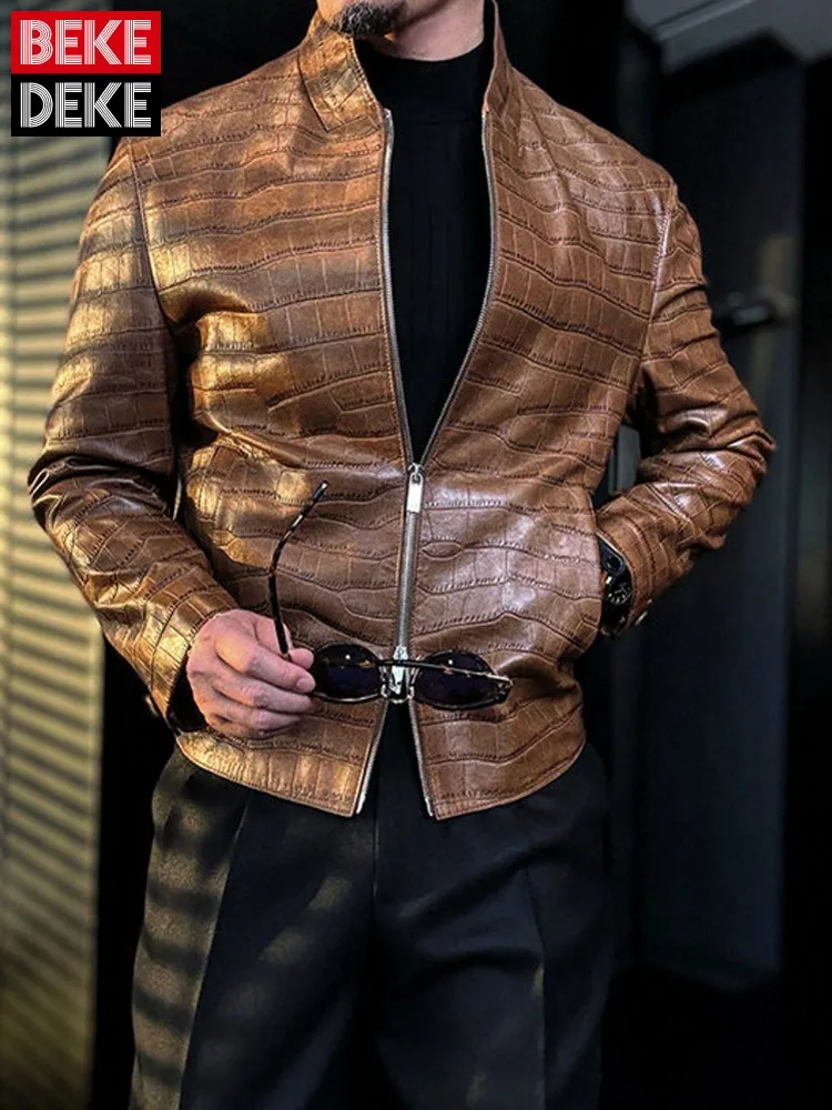 Italian Designer Mens Luxury Business Work Crocodile Pattern Cowhide Genuine Leather Jacket Zipper Stand Collar Slim Fit Coats