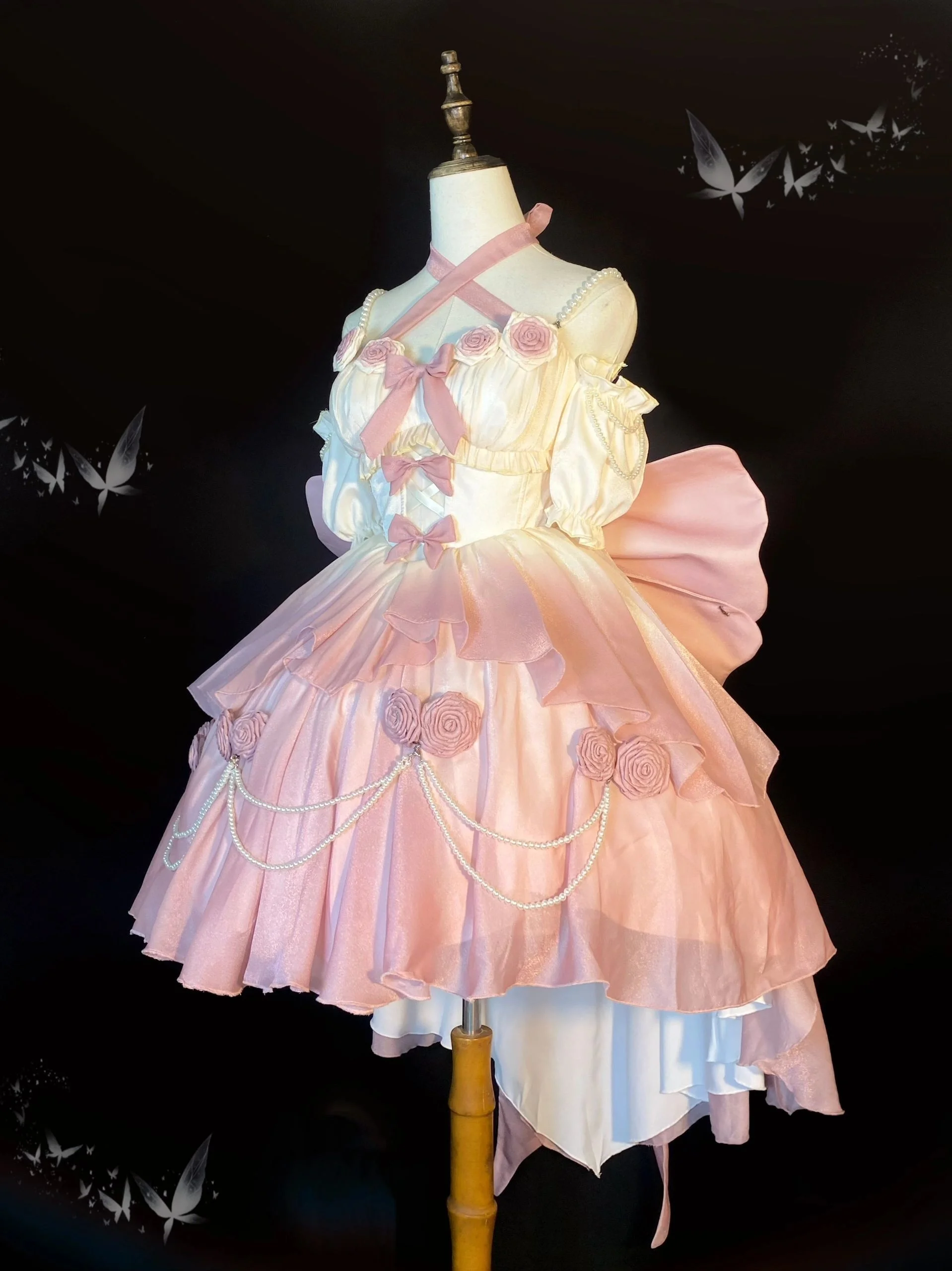 Princess Dress Pink Light Flower Wedding Hollow Out Front Short Back Long Lolita Fine Sparkling Luo Dress Lolita Pengpeng Skirt