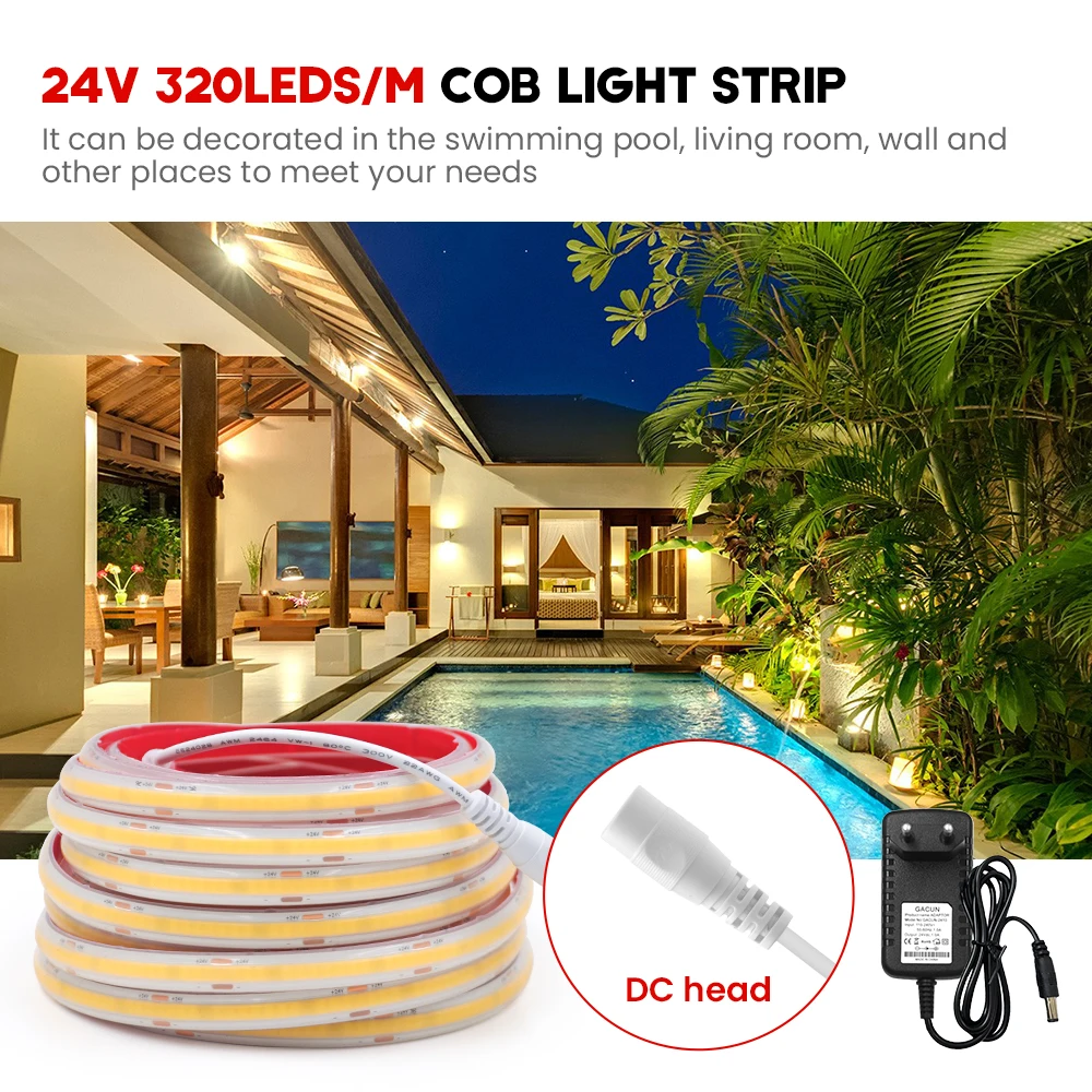 IP68 Waterproof COB LED Strip Dimmable 320LEDs/m High Density DC 24V Flexible Tape Lights with EU/US/AU/UK Plug for Garden Decor