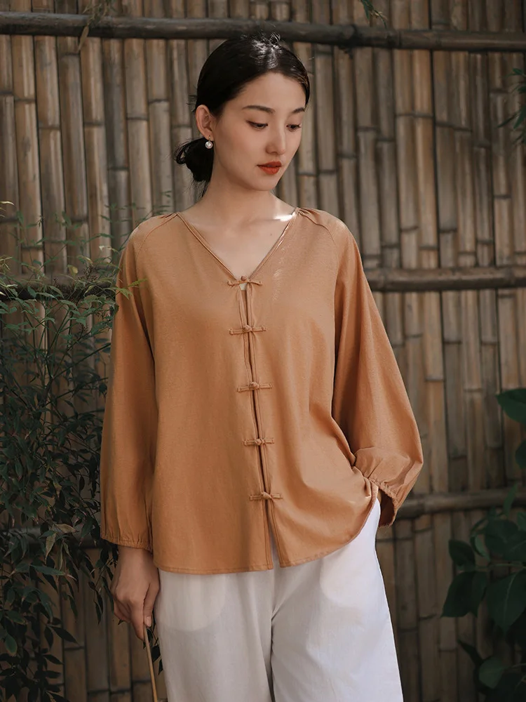 

Women Cotton Linen Blouse Chinese Style V Neck Tops Shirts Summer