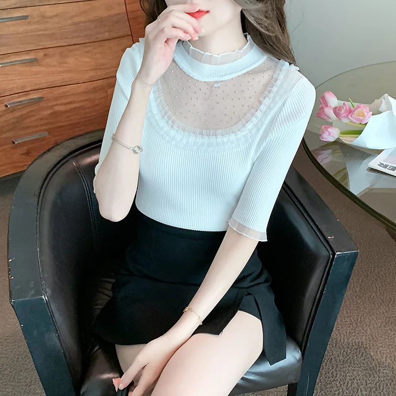 All-Match Lace Stitching Sweater Women's Summer New Elegant Slim Hollow Top