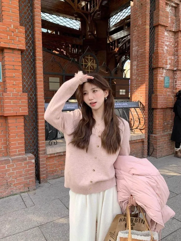 سترة نسائية من الدانتيل الوردي للخريف والشتاء، طبقة أساسية محبوكة ناعمة ومريحة، ملابس داخلية متعددة الاستخدامات، ملابس علوية للتنقل...