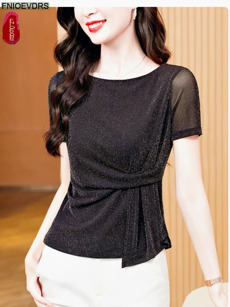 

Hot Sheer Mesh Peplum Tops Blouses Fashion Women Summer Short Sleeve Office Lady Slim Fitted Basics Shirts Bling Top