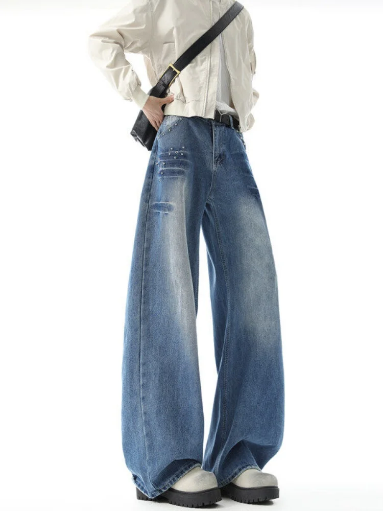 

Blue Curved Blade Men's Jeans High Street Vintage Washed Clean Fit Straight Leg Wide Leg Long Pants Spring Summer Cotton Poly...