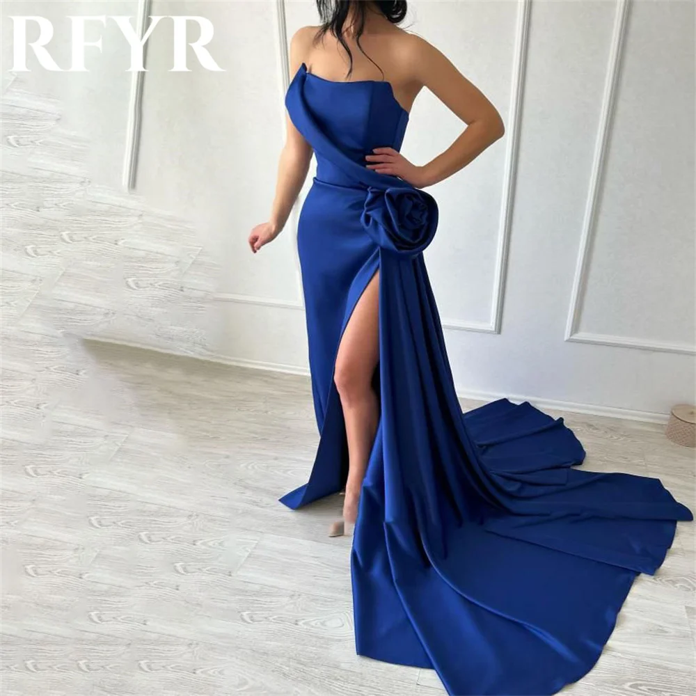 

RFYR Blue Elegant Strapless Women Evening Dress Simple Sleeveless with Pleats Splits Trumpet Prom Formal Gowns Dress Customized