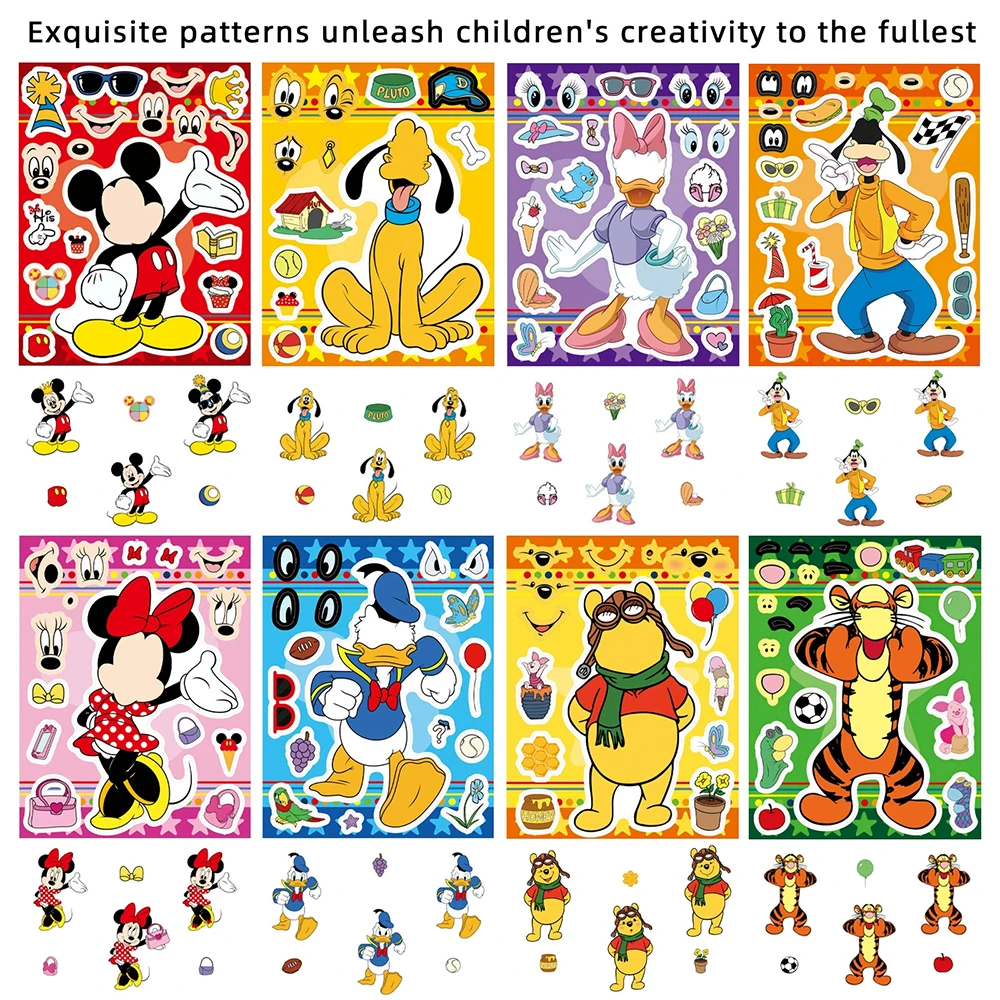 

8/16sheets Disney Mickey Mouse Make a Face Puzzle Stickers Make Your Own DIY Game Assemble Jigsaw Cartoon Decals for Party Gifts