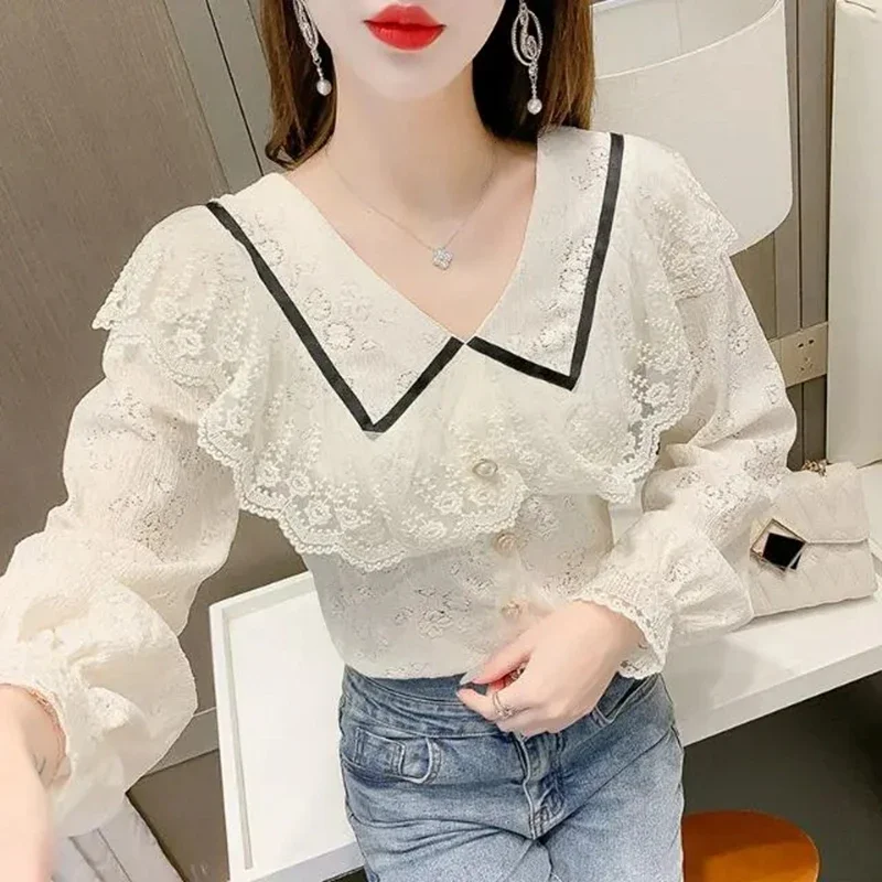 Vintage Long Sleeve Lace Blouses Shirts Women 2024 Autumn Winter Elegant White Blusas Casual Korean Clothes Ladies Tops Mujer