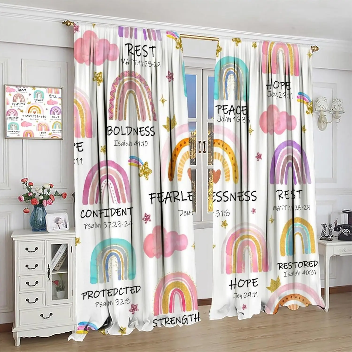 Kids Girl Rainbow Curtains,Bible Verse Scripture Boho Inspirational Quote Christian Cartoon Colorful Muted Windows Treatments