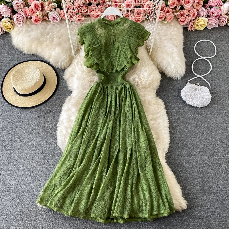 

Spring Autumn Lace round Ne Long Sve Slimming Ele Skirt Dr Korean Sle High Waist A-Line Midi Dr with Flounce...