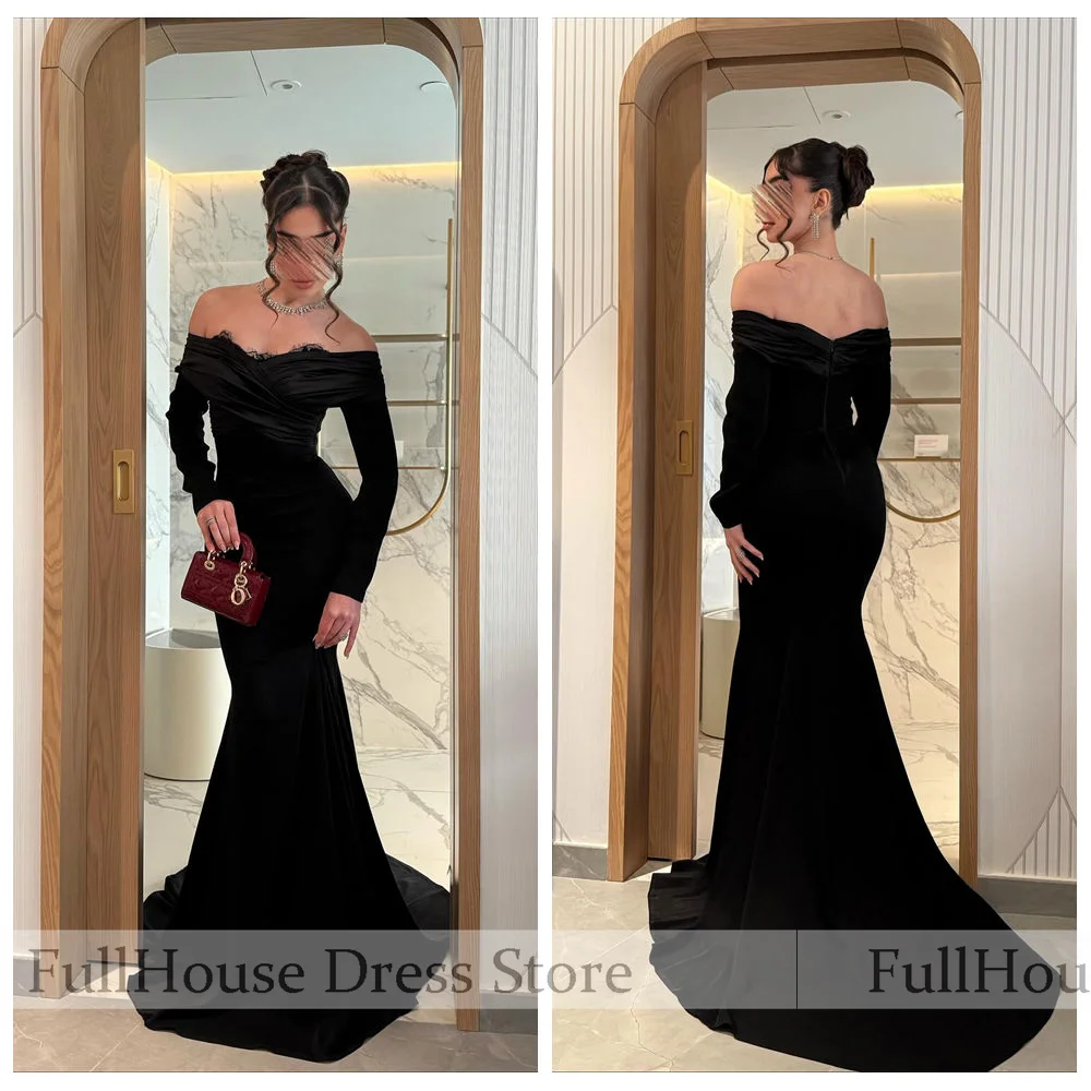 العرف الأسود قبالة الكتف كم طويل مطوي ثوب مسائي قطار عارية الذراعين حورية البحر مثير ماكسي فستان عربي سعودي مع الدانتيل