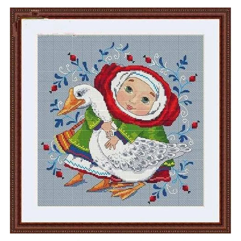 Amishop Gold Collection Counted Cross Stitch Kit Girl With Goose Red Turban Playing Animal Merejka K-12