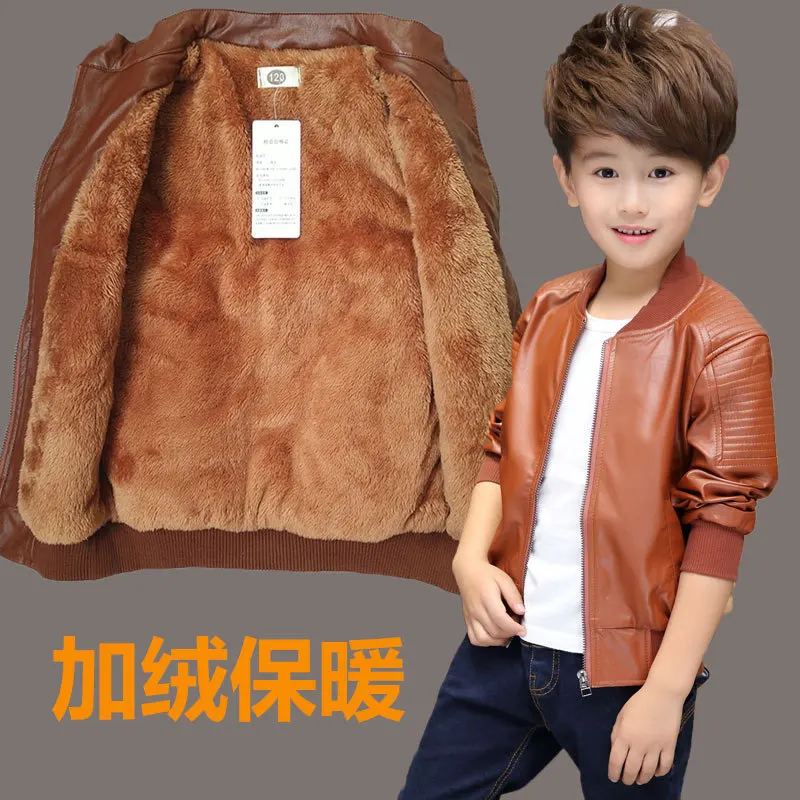 

2025 New Boys Clothing Winter Fleece Thickened Leather Jacket For 2 To14 Years Old kids Jacket Kids' Clothing PU Leather Jacket