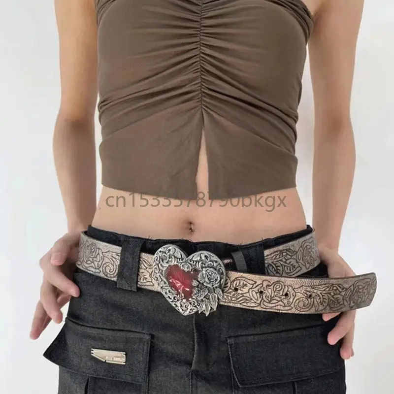 

Vintage Western Belt Cowboy Belt Vintage Heart Buckle Belt Embossed Leather Belt Engraved Flower Buckle Belt Jeans Belt J78E