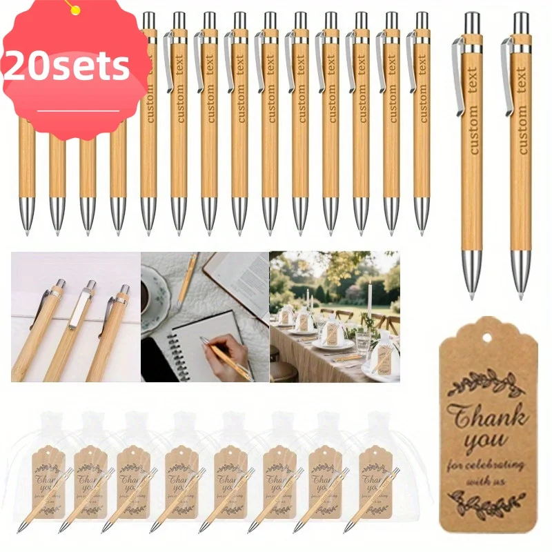 

20Sets Personalized Bamboo Pens with Cowhide Cards&Bags - Engravable Wedding Guestbook Pens, Eco-Friendly Rustic Wedding Favors