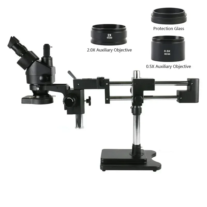 45X Simul Focal Zoom Industrial Trinocular Stereo Microscope Desktop Sliding Double Boom Arm Stand 144 LED Ring Light Repair kit