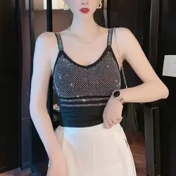 Busto largo lleno de diamantes Bling chaleco Top de danza moderna latina debajo de la camiseta sin mangas Sexy