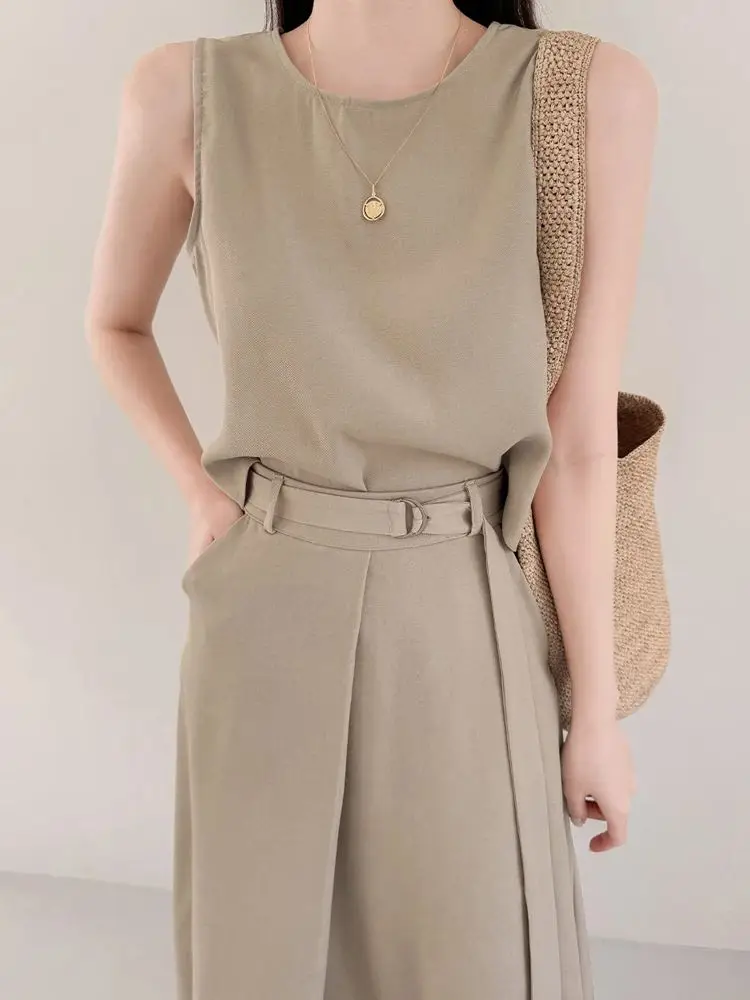 

Korean Fashion Solid 2 Pieces Set For Woman Chic O-neck Sleeve Split Tops and Elastic Waist Lace-up Long Skirt Suits Female