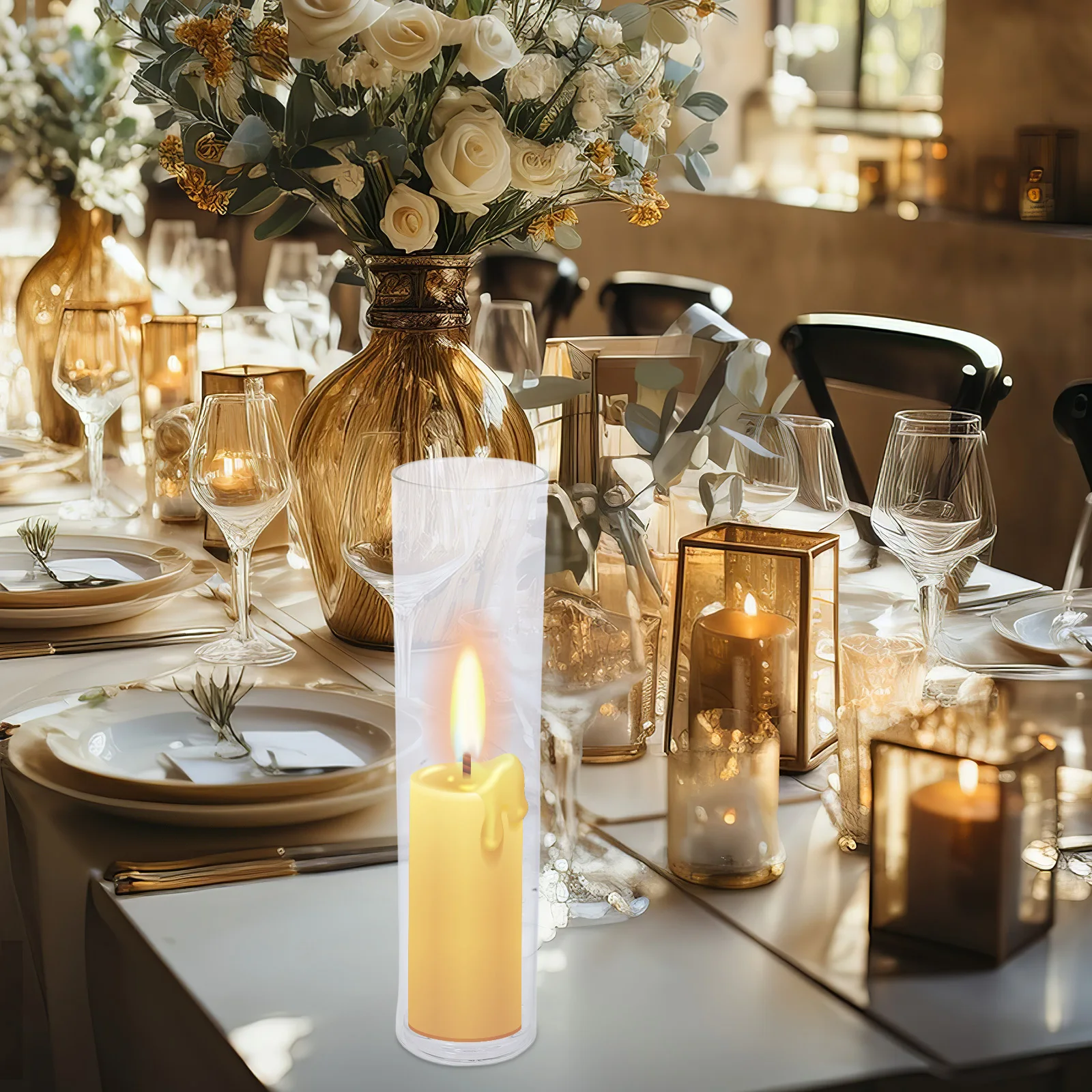

1Set Transparent Glass Holder Cylindrical Windproof Tube Base for Home Wedding Birthday Taper Candlestick Hurricane