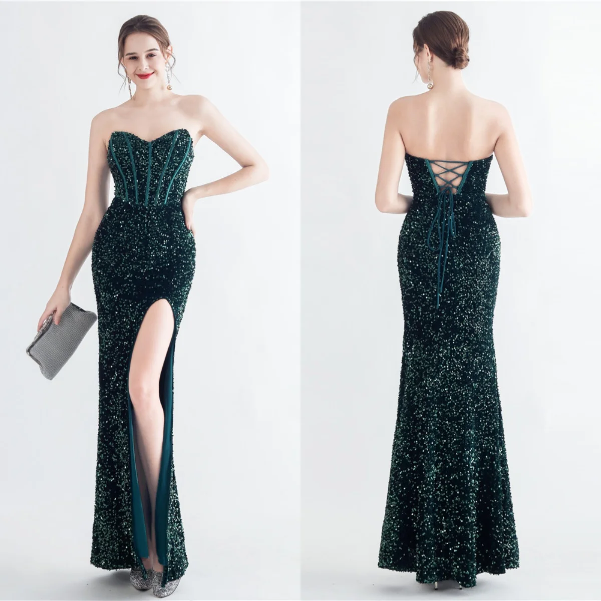 

Evening Dress Green Sequins Stretchy Strapless Lace up Mermaid Trumpet Floor Length Slit Simple Women Party Formal Gown YE236