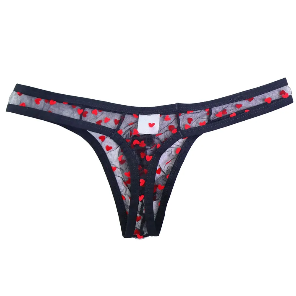 Men's See Through Mesh Heart Printed Thongs T-back G-strings Breathable Ultrathin Underwear Jockstrap Pouch Briefs