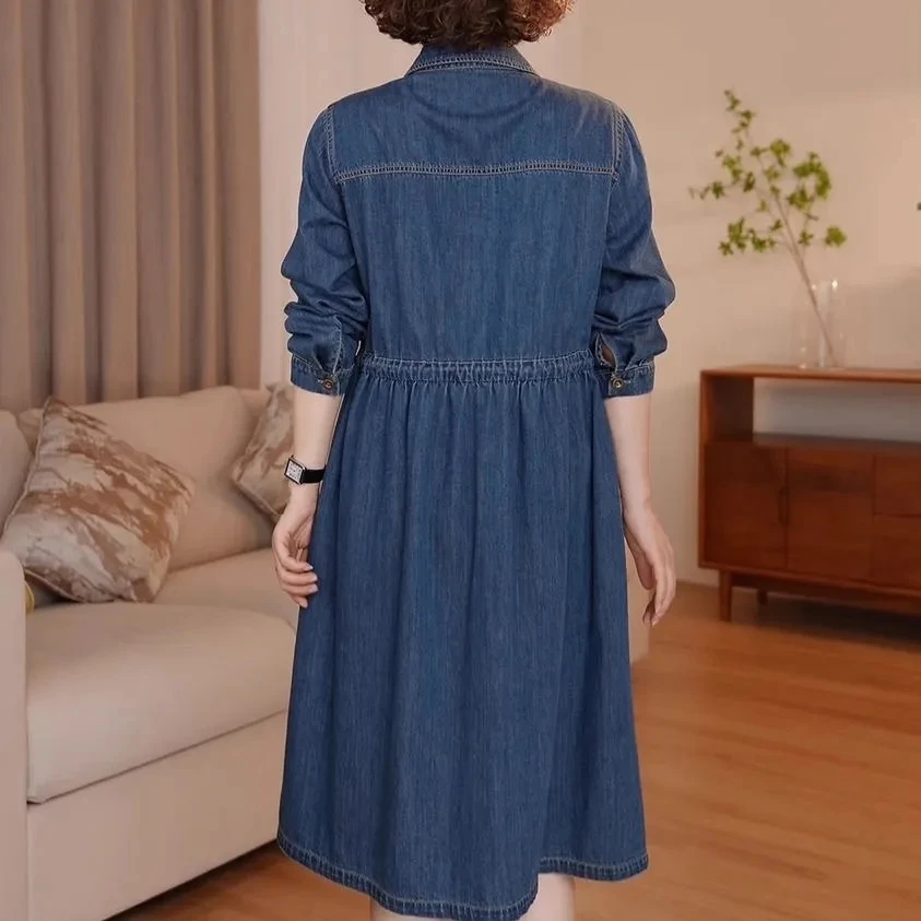 أزياء عارضة قميص الدنيم اللباس الربيع والخريف موسم المرأة الجديدة طويلة الأكمام واحدة الصدر فضفاض XQ318