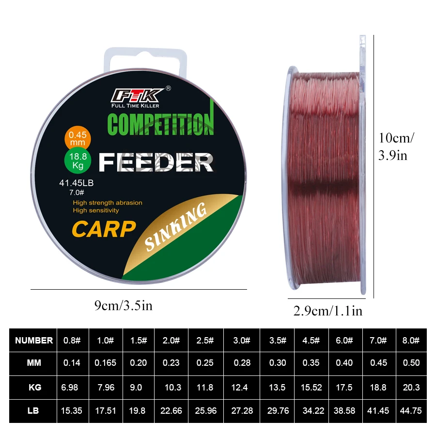 FTK 150M/300M Super Strong Nylon Fishing Line 0.14MM-0.50MM Fluorocarbon Coating Monofilament Carp Fishing Line 15.35LB-44.75LB